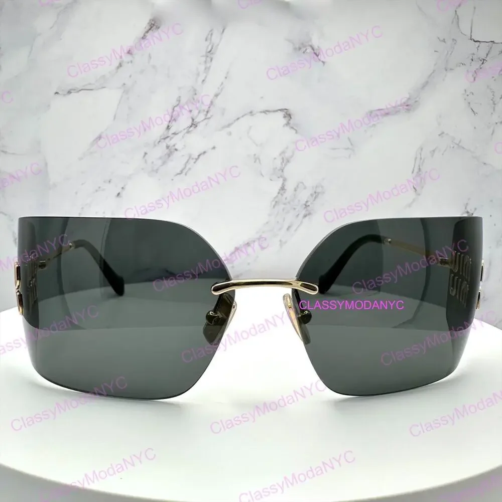 New MIU MIU Sunglasses Gold Rimless Wrap Square Oversized MIU MIU Logo Italy